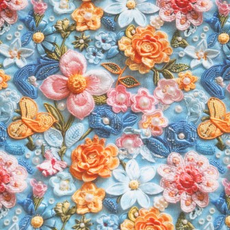 Tecido 3D Floral com Pérolas